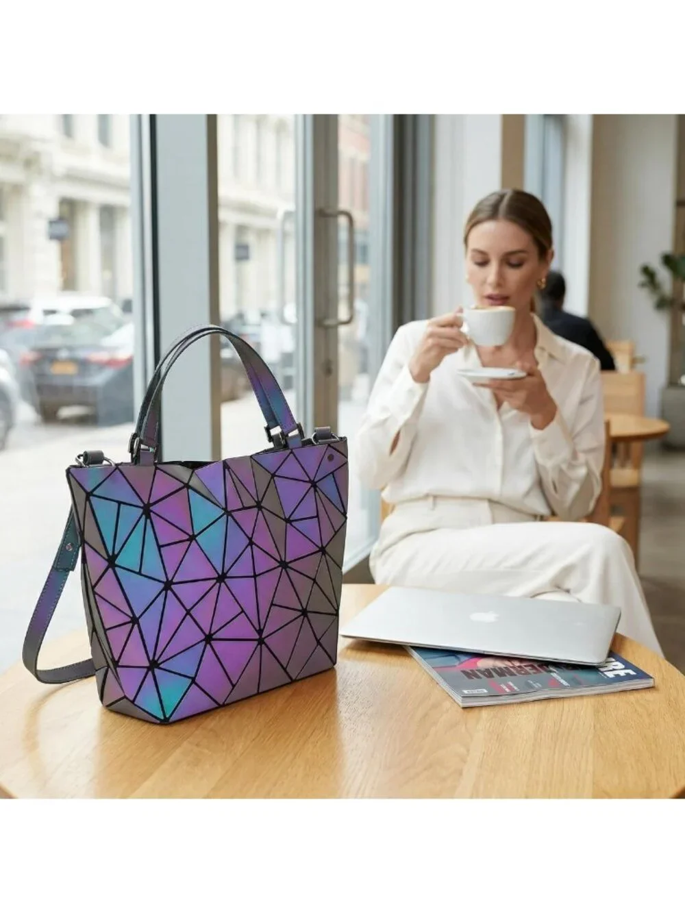 Luminous Geometric Tote Bag & Holographic Crossbody Purse - Black Iridescent